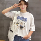 夏季韩版女装卡通纯棉短袖t恤 宽松初高中学生中长款印花中袖上衣