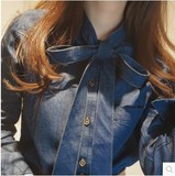 韩版冬季新品女装修身甜美蝴蝶结长袖牛仔衬衫上衣潮百搭系带外套