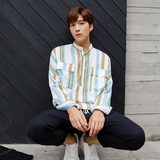 西西里男装 2016秋装新款韩国男生小清晰彩色竖条纹套头长袖衬衫