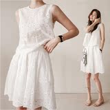 韩国代购2016夏季新款镂空白色连衣裙无袖气质显瘦两件套时尚套装