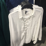 HM上海专柜正品代购女装翻领条纹白前幅系带长袖套头衬衫0410173