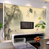 中式客厅电视背景墙纸水墨荷花古典壁纸壁画山水名画中国风墙壁纸