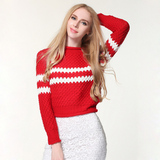 2015新款宽松短款长袖套头圆领毛衣撞色条纹针织衫女单件套头红色
