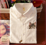 2016年新款猫咪口袋刺绣文艺翻领纯棉长袖女式白衬衫大码雪纺衬衫