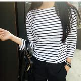 2016春季新款女学院风长袖中长款大码黑白条纹纯棉条纹 打底衫T恤