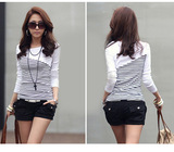 韩版T恤女装新款通勤女装棉圆领打底衫细条纹拼接修身长袖女上衣