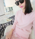 韩国东大门嫩粉色樱花宽松羊绒衫短款圆领针织衫樱花粉毛衣
