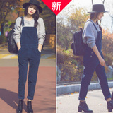 韩版高圆圆同款高品质牛仔背带连体裤女 明星显瘦直筒裤子