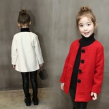 2016秋装新款韩版女童外套玫瑰花纽扣儿童中长款呢子大衣儿童上衣
