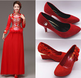 春夏红色女士结婚鞋子秀禾服中式新娘圆头细跟红鞋高跟女婚鞋