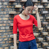 秋欧洲站时尚大红色T恤女学生圆领修身上衣莱卡棉打底衫中袖五分