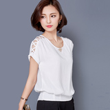 2016夏季新款女装韩版短袖宽松T恤显瘦纯色雪纺衫打底衫露肩上衣