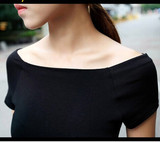 2016夏季一字领露肩上衣修身纯色体恤打底衫一字肩短袖t恤女韩国