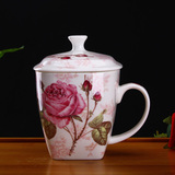 唐山骨瓷茶杯创意卡通方杯情侣杯带盖喝茶杯子陶瓷水杯马克杯礼品