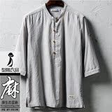 中国风棉麻五分短袖t恤男士亚麻宽松中袖体恤衫青年简约半袖男装