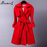 明星同款大衣新款女装中长款2016春秋外套大红色韩版女式系带风衣