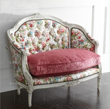 美式新古典印花单人沙发椅子法式仿古风化白实木雕刻双人休闲沙发