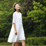 【7折清仓】粟言丨日系文艺范人棉立领连衣裙显瘦短袖小白裙