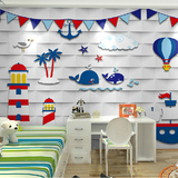 卡通墙纸地中海儿童房卧室背景墙壁纸布 蓝色男女孩城堡大型壁画
