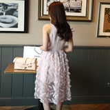 2016夏季新款粉色蕾丝连衣裙女装韩版无袖修身中长款收腰羽毛裙子