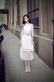 韩国代购春秋新款女装中长款修身显瘦白色蕾丝连衣裙名媛气质中裙