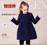 韩版童装2016秋冬装胖女童加厚夹棉毛呢外套中长款圆领呢子大衣