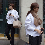 韩国春装新款白色衬衫女长袖学院风立领衬衣短款简约百搭宽松大码