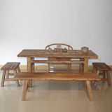 实木榆木老门板茶桌椅组合中式仿古餐桌椅长方形功夫茶台禅意家具