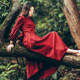 2016新款红色文艺连衣裙英伦复古长袖长款长裙高腰修身蕾丝大摆裙