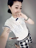 2016夏装新款 韩版短袖蕾丝勾花领口蝴蝶结套头女衬衣 打底衫