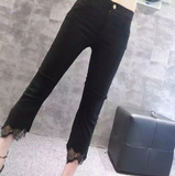 欧洲站16夏季新款女装韩版黑色弹力裤子裤脚蕾丝拼接七分微喇裤女