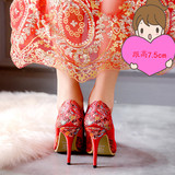 春季新款中国风红色婚鞋民族风细跟高跟尖头绸缎女单鞋大码40-43