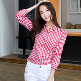 小格子衬衫女长袖2016春款韩版女装纯棉修身红色打底学生外套