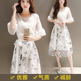 夏季新款韩版女装气质短袖雪纺衫中长款欧根纱两件套装裙连衣裙女
