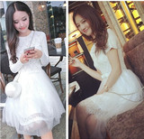 韩国代购2016春装新款韩版白色针织网纱气质连衣裙显瘦蕾丝中长裙