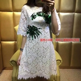欧美高端定制2016夏女装亮片刺绣芭蕉绿叶蜜蜂钉珠白色蕾丝连衣裙
