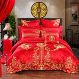 中式龙凤婚庆大红色床品结婚床上用品四件套纯棉绣花贡缎十多件套