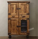 复古带门收纳柜储物柜子美式实木带轮子可移动双开做旧办公家具