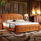 中式现代双人橡木床1.8简约高箱储物榆木家具全实木雕花婚床1.5米