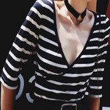LAMPS 欧洲站2016夏装欧货潮时尚短款上衣女 黑白条纹V 领修身T恤