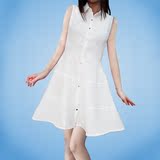 2016夏装韩版明星同款POLO领白色无袖单排扣连衣裙修身显瘦短裙女