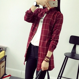 2016秋季韩版新款女装长袖格子衬衣学生外套大码中长款衬衫女风衣