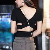 2016夏季新款韩版夜店女装性感交叉露背上衣纯色紧身V领短袖T恤女