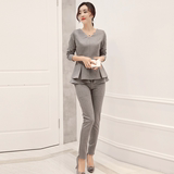 秋装女装套装2016新款韩版时尚气质V领条纹荷叶边修身两件套裤潮