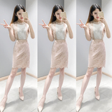 2016夏装欧货潮韩版无袖高腰修身蕾丝拼接连衣裙女装新款小清新