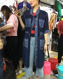 2016夏季韩版时尚牛仔雪纺撞色拼接多口袋中长款收腰防晒衣外套女
