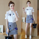 两件套2016夏韩版女露肩短袖刺绣学生衬衣A字条纹短裙显瘦套装裙