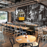 欧式黑白城市建筑墙纸3d街景巴士大型壁画咖啡店餐厅酒吧沙发壁纸