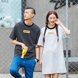 韩国情侣装夏装2016短袖T恤条纹字母男女上衣学生中长款连衣裙潮