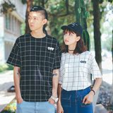 韩国qlz情侣装夏装2016新款短袖T恤格子字母学生大码宽松韩范半袖